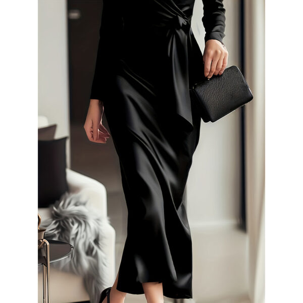 Women's Burgundy Satin Midi Dress Elegant V-Neck Long Sleeve Bodycon Dress With Belted Waist - Image 5