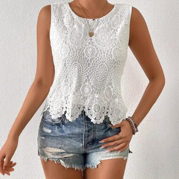 Womens Floral Lace Tank Top Sleeveless Blouse Crew Neck Hollow Out Summer Casual Shirt - Image 2