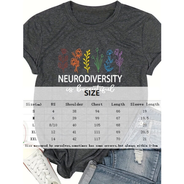 Women's Botanical & 'NEURODIVERSITY' Text Print Round Neck Tee - Inclusive Summer Top - Image 4