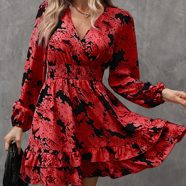 Women's Elegant Printed Lantern Sleeve A-Line Dress V-Neck, Ruffled Gathered Waist Detail, Flowy Midi Dress For Casual & Formal Occasions - Image 9