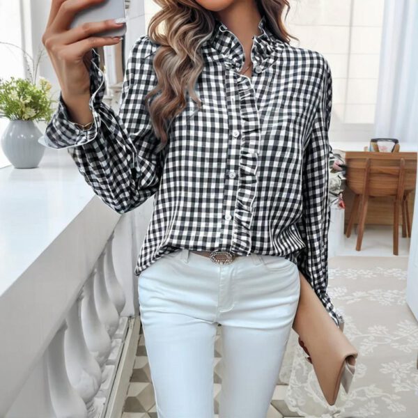 Women's French Style Checkered Button-Up Shirt - Elegant Plaid Pattern, Stand Collar With Ruffled Cuffs, Comfortable Wear - Image 3