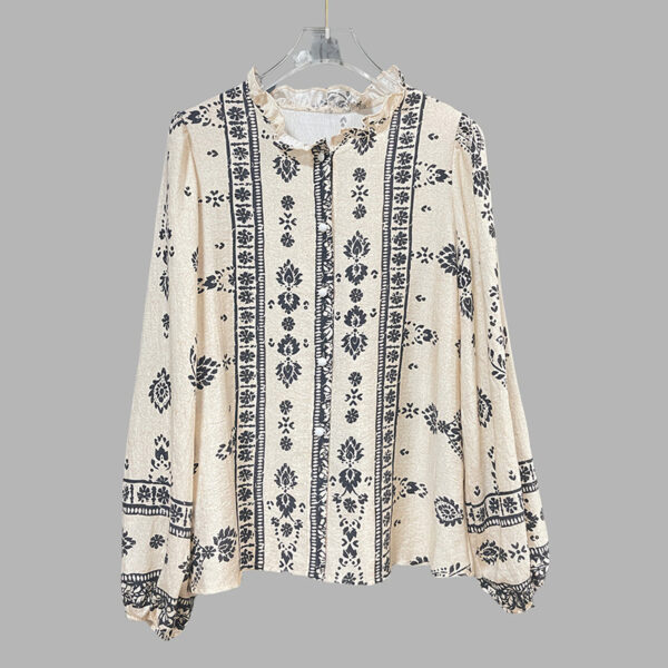 Women's Elegant Printed Blouse - Flowy Boho Shirt With Lantern Sleeves & Lace Trim, Vintage Ethnic Style Loose Top For Spring&Fall - Image 10