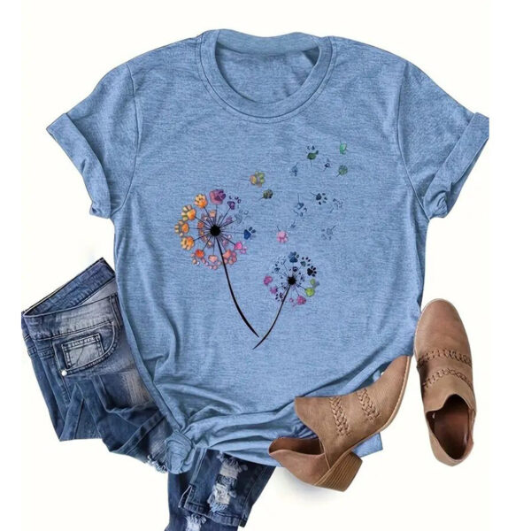 Women's Dandelion Print Round Neck T-Shirt Breathable Summer Casual Top - Image 3