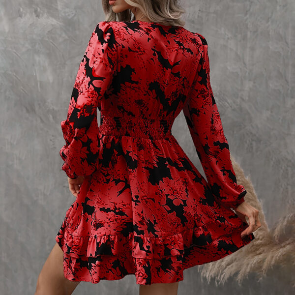 Women's Elegant Printed Lantern Sleeve A-Line Dress V-Neck, Ruffled Gathered Waist Detail, Flowy Midi Dress For Casual & Formal Occasions - Image 5