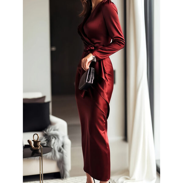Women's Burgundy Satin Midi Dress Elegant V-Neck Long Sleeve Bodycon Dress With Belted Waist - Image 2