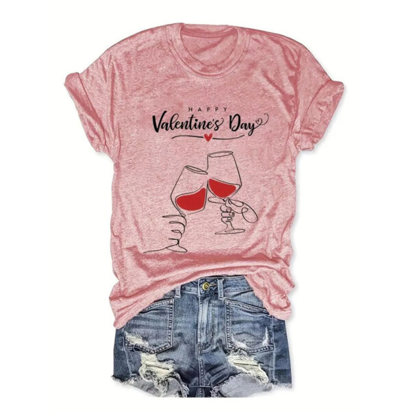 Women's Round Neck Short Sleeve T-Shirt With Wine Glass Cheers Print Casual Summer Top - Image 2