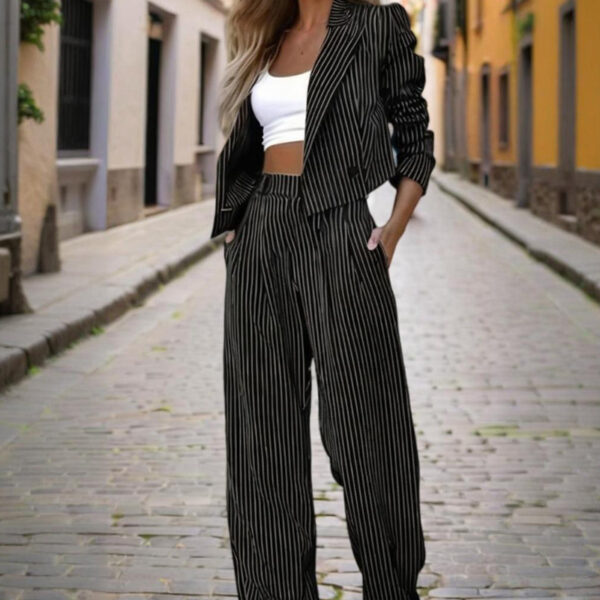 Women's Solid & Striped Long Sleeve Blazer Suit Set - Button-Up Cropped Top With Pleated Pants, Office Work Wear - Image 4