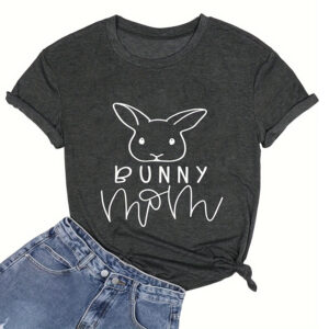 Women's Round Neck Short Sleeve T-Shirt - Cute Bunny Print Summer Casual Tee