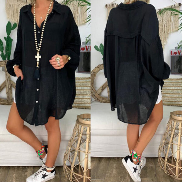 Plus Size Women's Solid Color Notch Lapel Long Sleeve Dress With Button Front Sheer Lightweight Midi Dress For Summer - Image 6