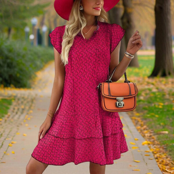 Women's Solid Color Print V-Neck Short Sleeve Dress - Summer Comfort Lace Trim Dress With Tie Detail - Image 8