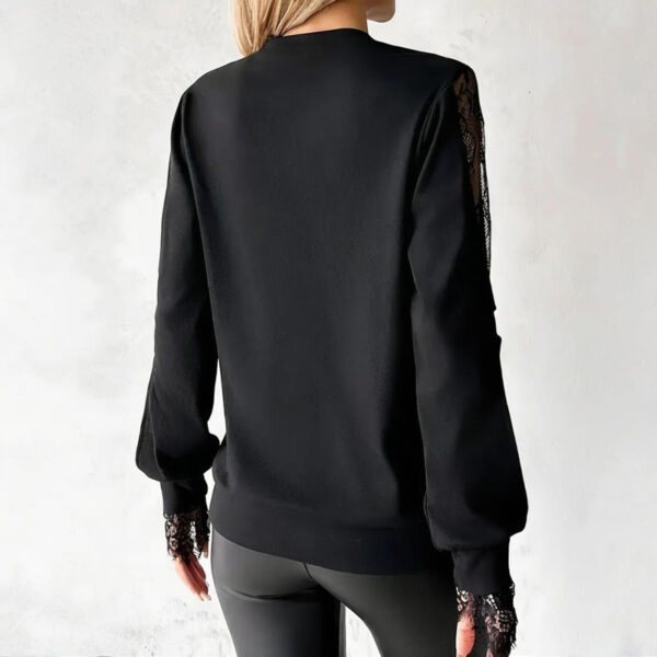 Women's Black Round Neck Lace Hollow Out Long Sleeve Top - Elegant Spring Summer Blouse - Image 6