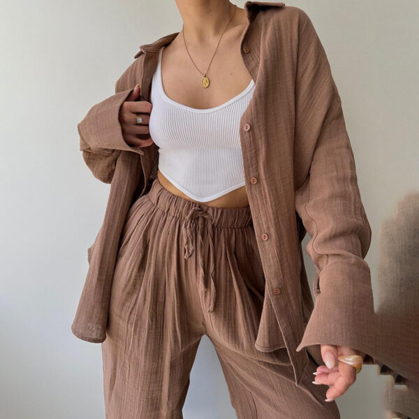 Women's Solid Color Lapel Collar Long Sleeve Shirt & High-Waist Pants Set - Casual Loose Fit Spring&Summer Outfit - Image 8