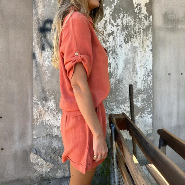 Women's Solid Color Lapel Short Sleeve Shorts Set - Button-Up Casual Two-Piece Outfit With Pocketed Shorts Summer Minimalist Outfit - Image 5