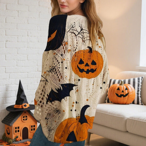 Women's Diamond Hollow Out Batwing Sleeve Top - Loose Fit Pumpkin Halloween Print Blouse For Spring Summer - Image 2