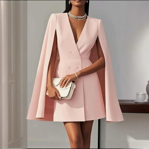 Women's Elegant Solid Color V Neck Double-Breasted Cape Blazer Dress Spring & Summer Party Banquet Outfit - Image 8