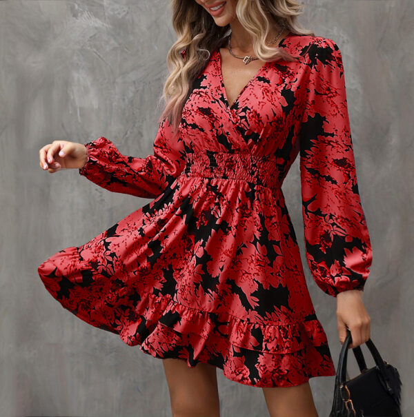 Women's Elegant Printed Lantern Sleeve A-Line Dress V-Neck, Ruffled Gathered Waist Detail, Flowy Midi Dress For Casual & Formal Occasions - Image 2