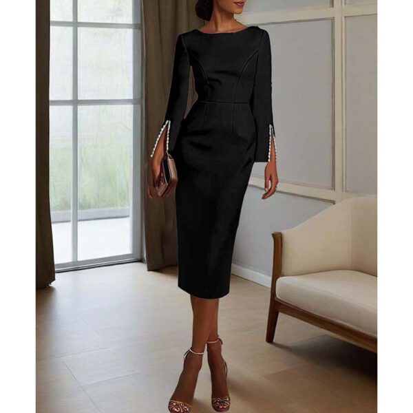 Women's Elegant Pearl Accent Bodycon Midi Dress With Sleeve Split & Back Zipper, Formal Cocktail Party Club Dress - Image 2