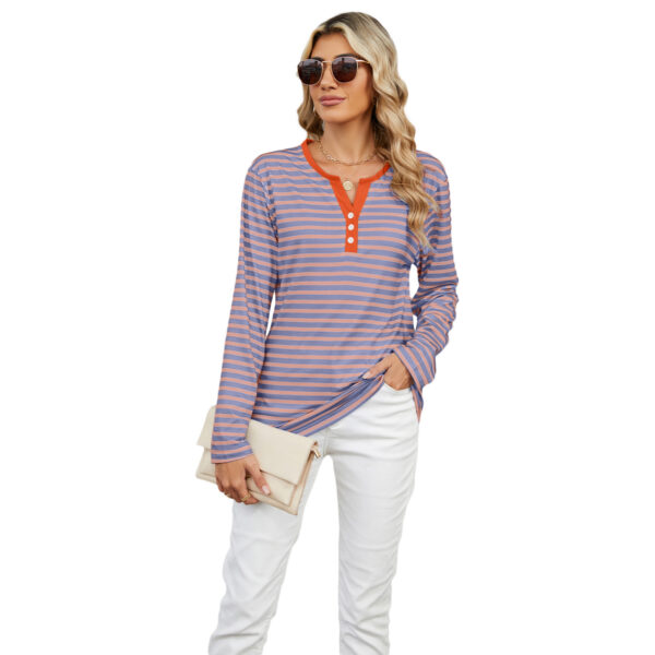 Women's V-neck Striped Loose Long-sleeved T-shirt Top - Image 2