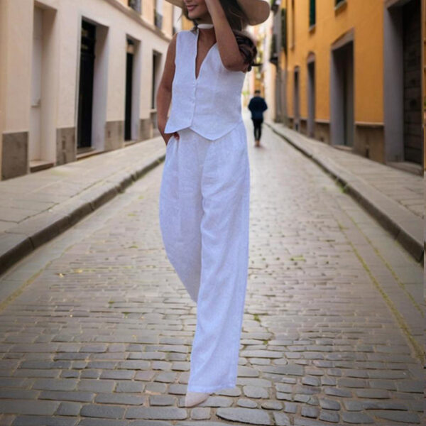 Women's Solid Color V-Neck Vest Two-Piece Set Button Front Vest Top With Pocket Pants For Spring & Summer Casual Outfit - Image 6