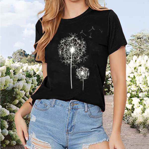 Women's Dandelion Print Round Neck T-Shirt - Casual Short Sleeve Summer Top