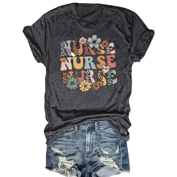 Women's Round Neck Short Sleeve T-Shirt With Letter & Floral Print, Casual Summer Top - Image 5