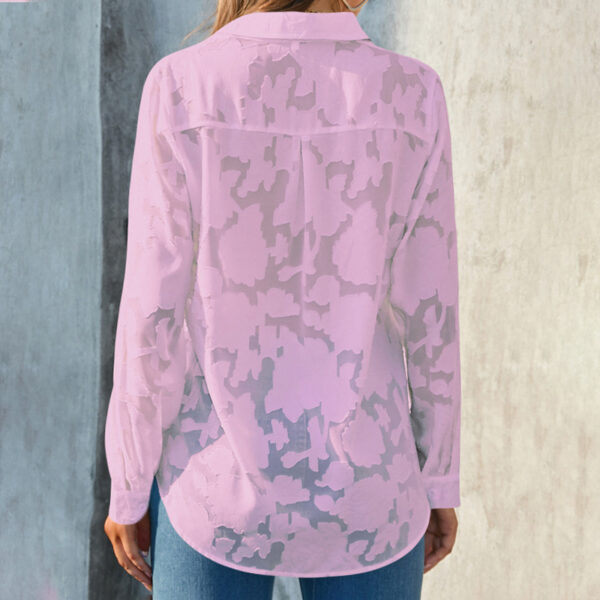 Womens Casual Sheer Button Down Shirts Long Sleeve V Neck Jacquard Blouses Tops - Image 8