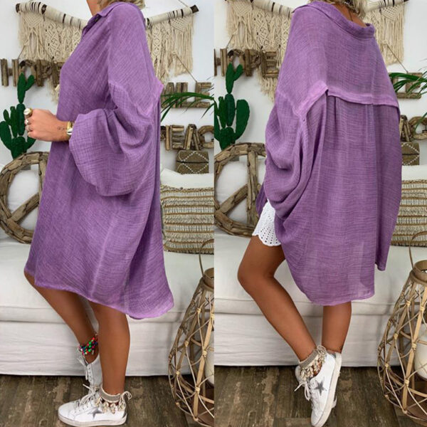 Plus Size Women's Solid Color Notch Lapel Long Sleeve Dress With Button Front Sheer Lightweight Midi Dress For Summer - Image 2