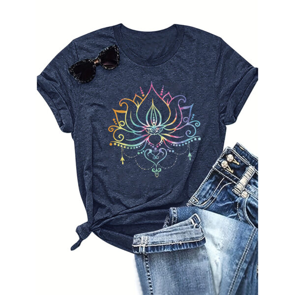 Women's Round Neck Short Sleeve T-Shirt With Colorful Lotus Print, Casual Summer Top - Image 4