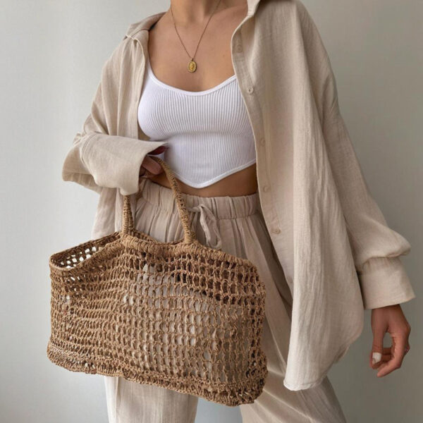 Women's Solid Color Lapel Collar Long Sleeve Shirt & High-Waist Pants Set - Casual Loose Fit Spring&Summer Outfit - Image 9