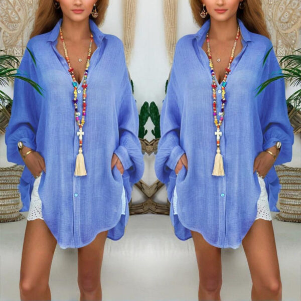 Plus Size Women's Solid Color Notch Lapel Long Sleeve Dress With Button Front Sheer Lightweight Midi Dress For Summer - Image 4