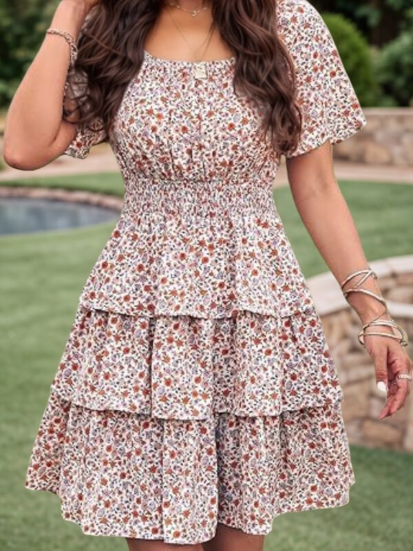 2025 Women's New Floral Summer Short Dress Square Neck Short Sleeve Layered Folded Bohemian Pendant Skirt - Image 5