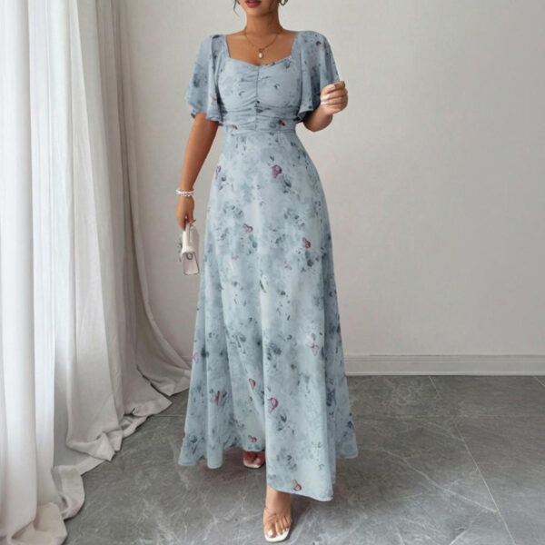 Women's Solid Color Square Neck Short Sleeve Butterfly Print Flowy Dress A-Line Summer Vacation Maxi Dress - Image 3