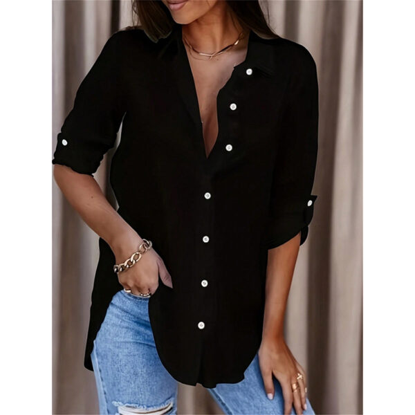 Women's Casual Long Sleeve Button-Down Shirt With Roll-Up Sleeves, Stylish Mid-Length Blouse For Everyday Wear - Image 3