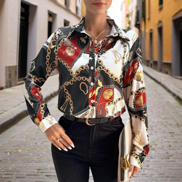 Women's Lapel Long Sleeve Shirt - Fitted Cut Intricate Print Button-Up Design Casual Spring&Fall Wear