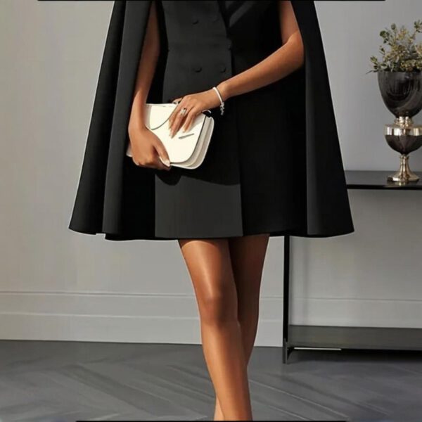 Women's Elegant Solid Color V Neck Double-Breasted Cape Blazer Dress Spring & Summer Party Banquet Outfit - Image 7