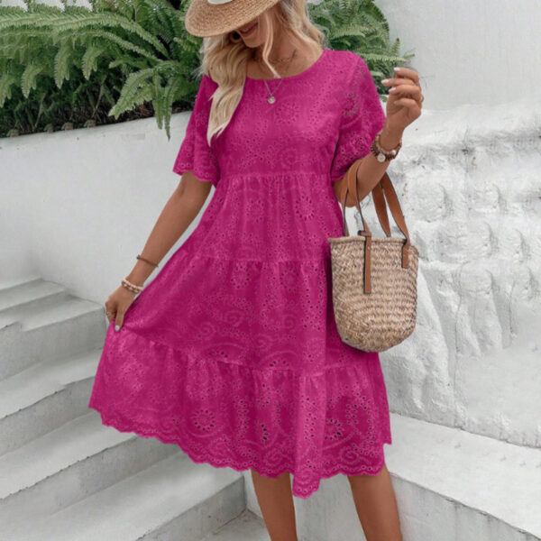 Women's Round Neck Embroidered Lace Short Sleeve A-Line Elegant Summer Vacation Dress - Image 7