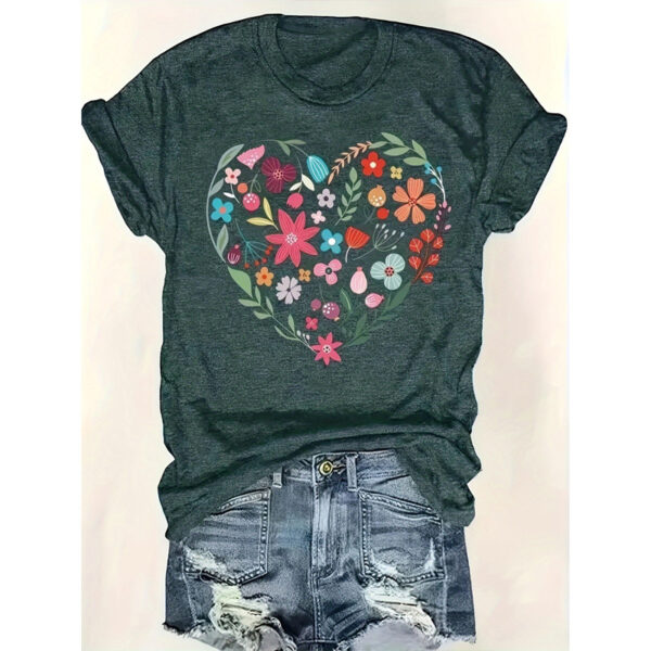 Women's Floral Heart Print Short Sleeve T-Shirt Summer Casual Round Neck Blouse - Image 2