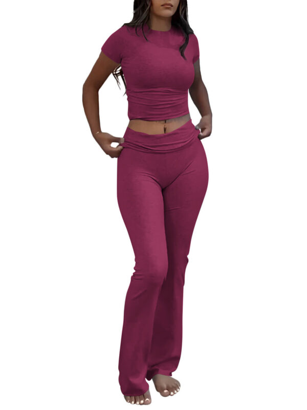 Casual Solid Color Slim Fit Two-piece Pants Set, Short Sleeved Round Neck T-shirt And Tight Flared Pants Sports Pants Clothing, Women's Clothing - Image 7