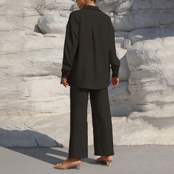 Women's Solid Color Lapel Long Sleeve Pants Set - Button-Up Casual Two-Piece Outfit With Drawstring Waist, Spring&Fall Lounge Wear - Image 9