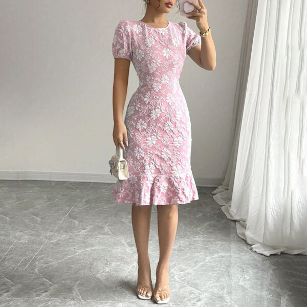 Women's Floral Jacquard Dress Women's Short Puff Sleeve Crew Neck Ruffle Hem Bodycon Dresses - Image 6