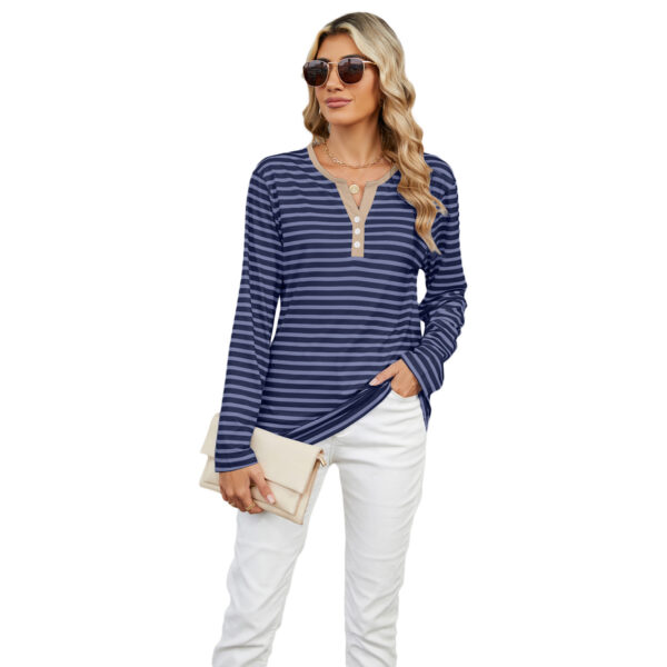 Women's V-neck Striped Loose Long-sleeved T-shirt Top - Image 5