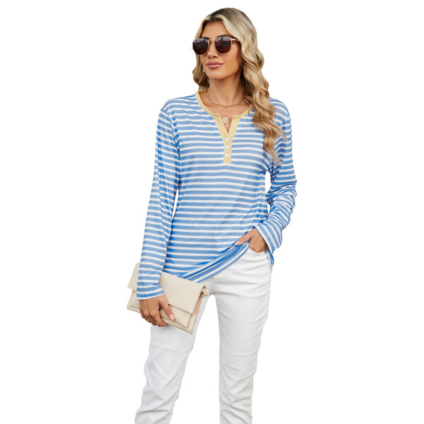 Women's V-neck Striped Loose Long-sleeved T-shirt Top - Image 9