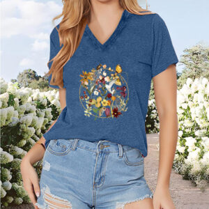 Women's V-Neck Short Sleeve T-Shirt - Colorful Floral Print - Summer Casual Blouse
