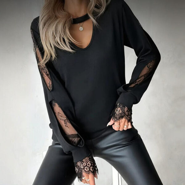 Women's Black Round Neck Lace Hollow Out Long Sleeve Top - Elegant Spring Summer Blouse - Image 3