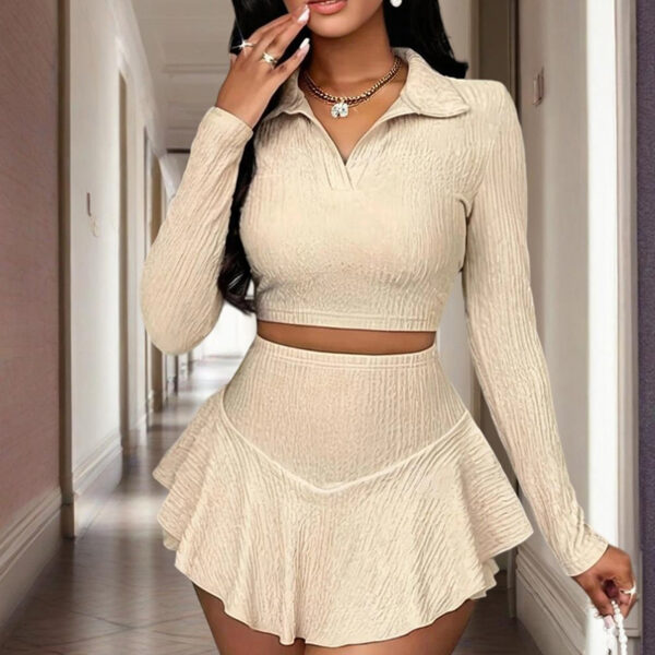 Women's Solid Color Lapel Crop Top & Asymmetrical Ruffle Skirt Set - Spring&Fall Vacation Outfit - Image 2