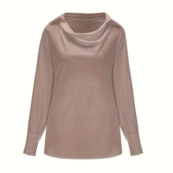Women's Solid Color Long Sleeve Cowl Neck Blouse With Draped Detail - Elegant Office Formal Shirt For Spring&Fall - Image 4