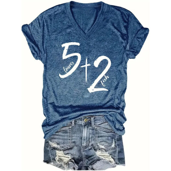Women's '5 Add 2' Print V Neck T-Shirt Casual Short Sleeve Summer Top - Image 3