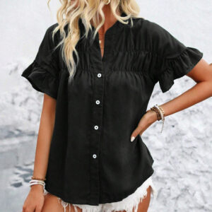 Women's Summer Casual Shirt - Button Front, Pleated Design With Lace Trim, Solid Color Top