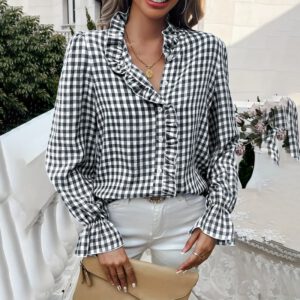 Women's French Style Checkered Button-Up Shirt - Elegant Plaid Pattern, Stand Collar With Ruffled Cuffs, Comfortable Wear