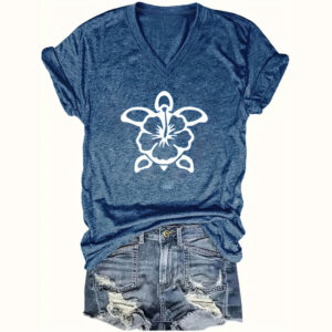 Women's V-Neck Short Sleeve T-Shirt - Cute Turtle Graphic Casual Summer Top